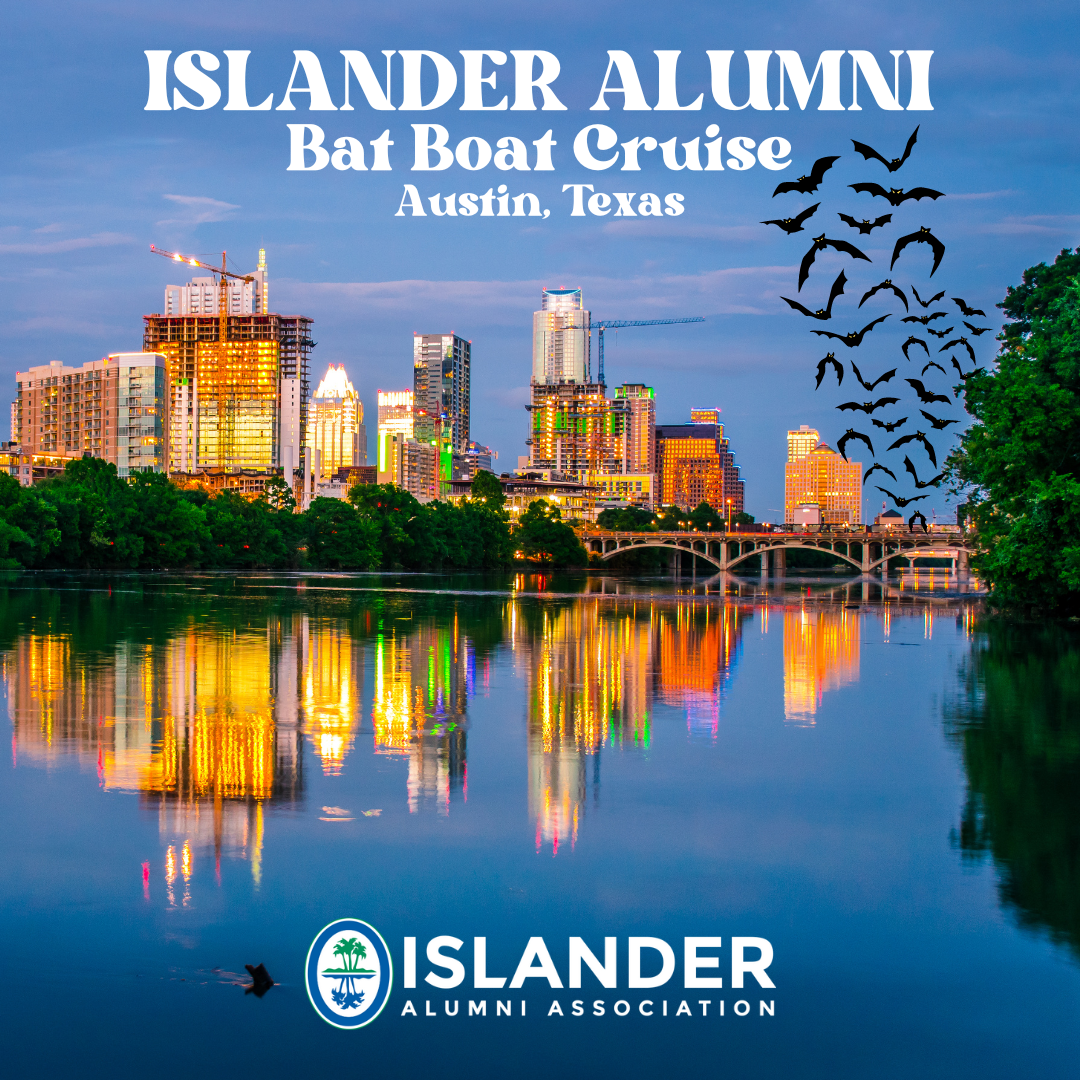 Islander Alumni Bat Boat Cruise Austin, Texas. Lakefront view of downtown Austin and the South Congress Bridge.