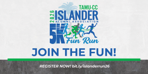 A poster for the Inaugural Islander Alumni Event: Islander Fun Run hosted at Texas A&M-Corpus Christi. The event is on November 21, 2026, at 6:30 PM, taking place at Anchor Plaza. The image features silhouettes of people running.